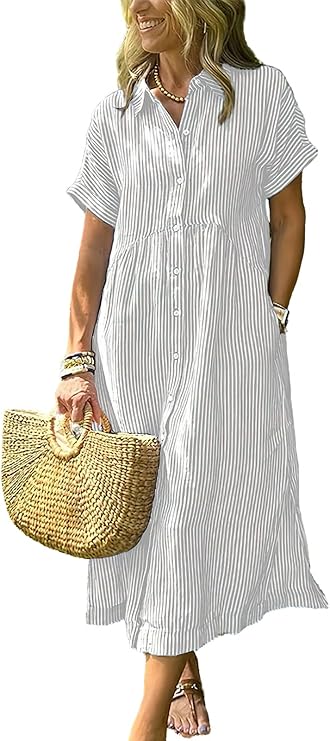 Women's Boho Striped Shirt Dress in White